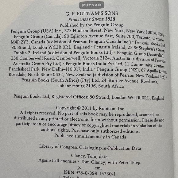 First Edition Hardcover “Against All Enemies” Tom Clancy 2011 1st Print - Picture 8 of 10